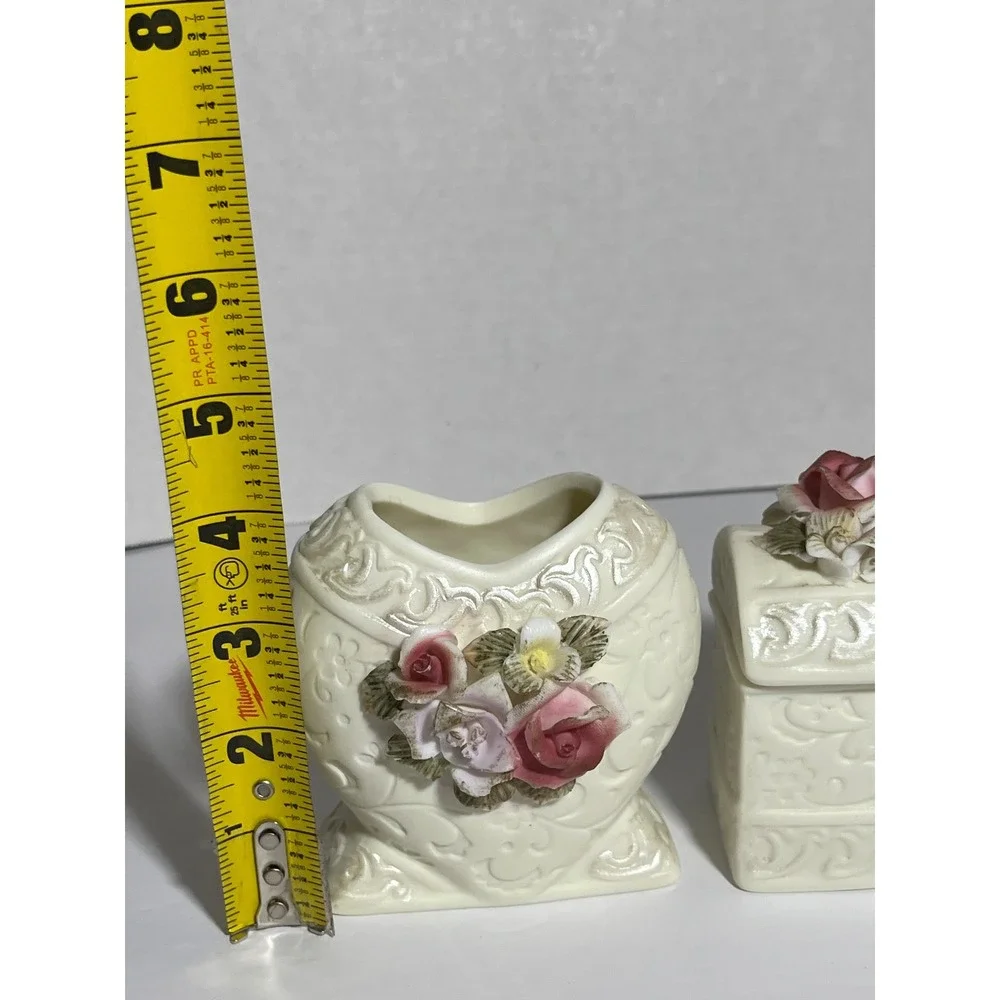 Vintage 90s Ceramic Vanity Set Cottagecore Heart Vase Trinket Box Brush Holder